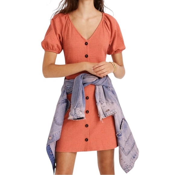 Madewell Texture & Thread Puff Sleeve Dress Button Peach Pink Mini Soft Texture - Picture 1 of 12
